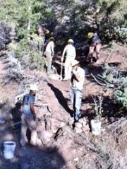 Three teens cleaning up a trail